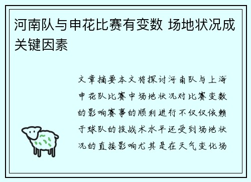 河南队与申花比赛有变数 场地状况成关键因素 河南队与申花比赛有变数 场地状况成关键因素